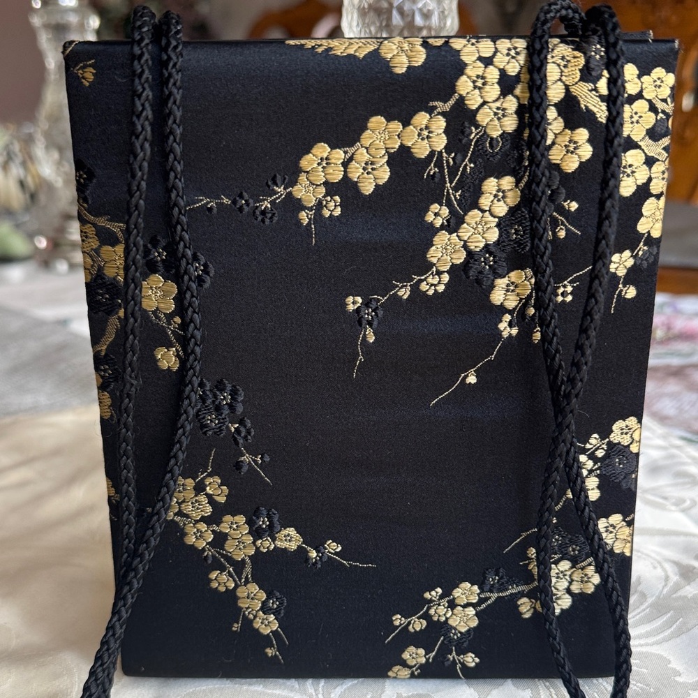 Amanda Smith Black Satin Mini Bag with Gold Floral Print - like NEW! - Picture 5 of 8
